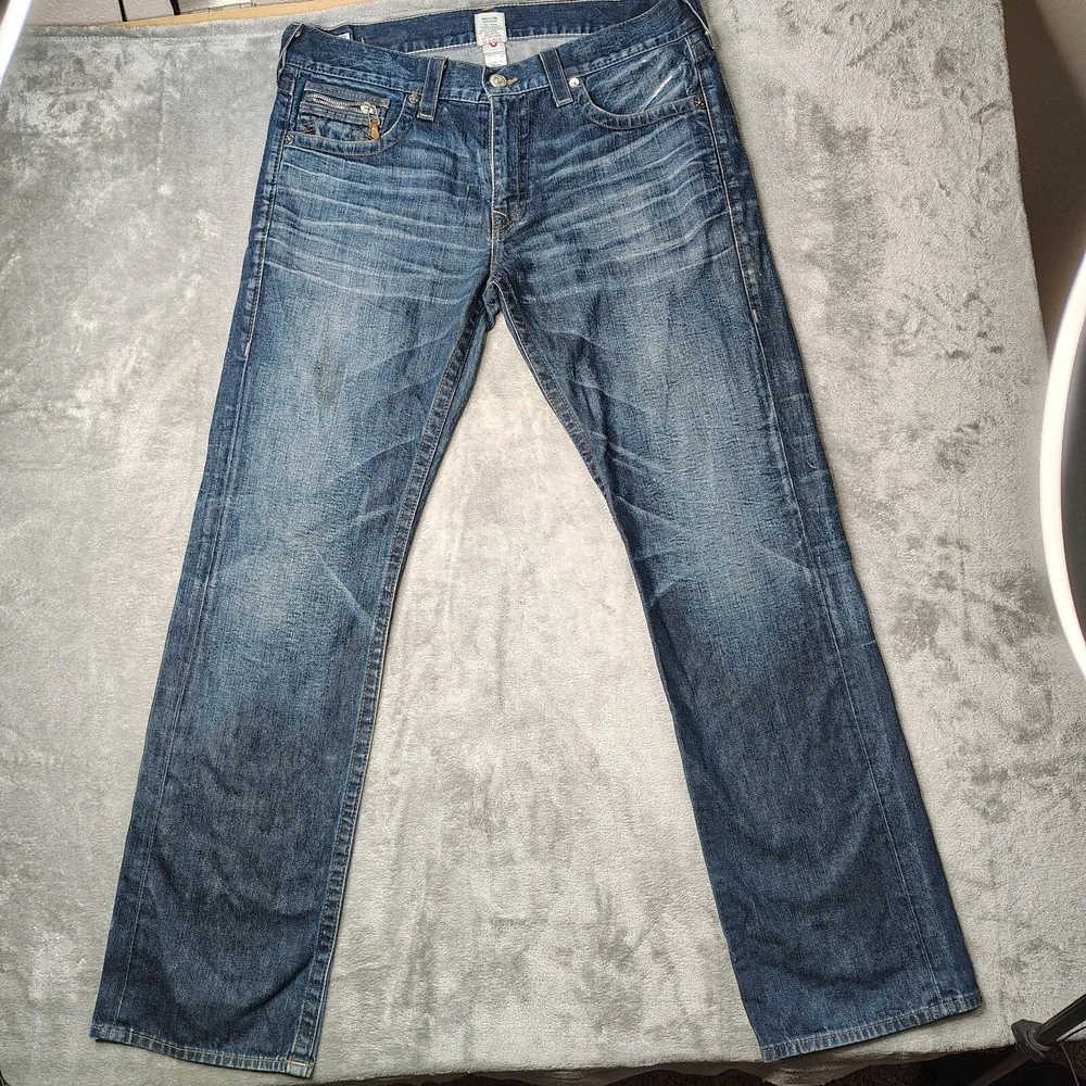 True Religion Bobby Jeans Mens 36x35 Blue Straight Leg Faded Distressed USA Made